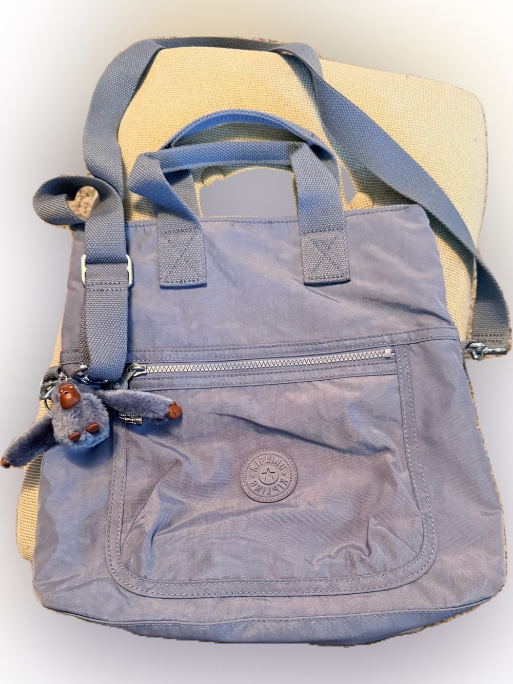 Kipling Lavender Blue Crossbody Tote with Monkey Charm